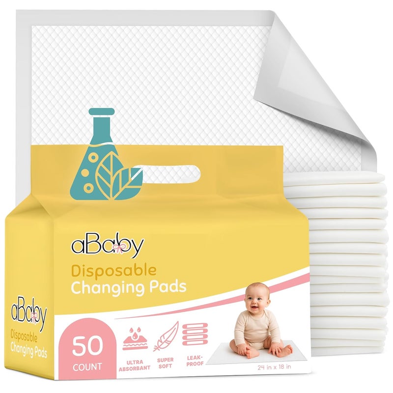 ABABY REFRESH Disposable Changing Pads for Baby (50 Pack) Super Soft and Ultra Absorbent Baby Changing Pad - Leak Proof Diaper Changing Pads for Stress-Free Baby Diaper Changes - White - Image 1